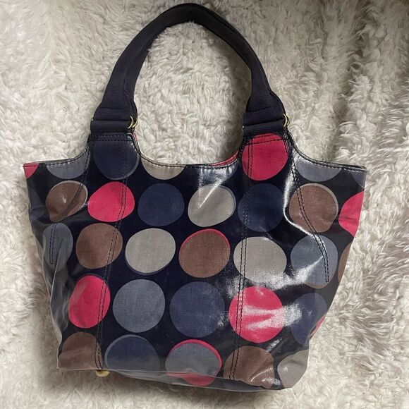Biden coated canvas multi color Polka Dot medium Tote Bag Brass hardwares - Picture 1 of 11